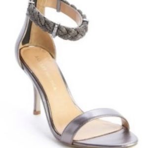 BADGLEY MISCHKA -Silver Leather Rope & Crwystal HAWTHORNE Heel Sandals Sz  8 M